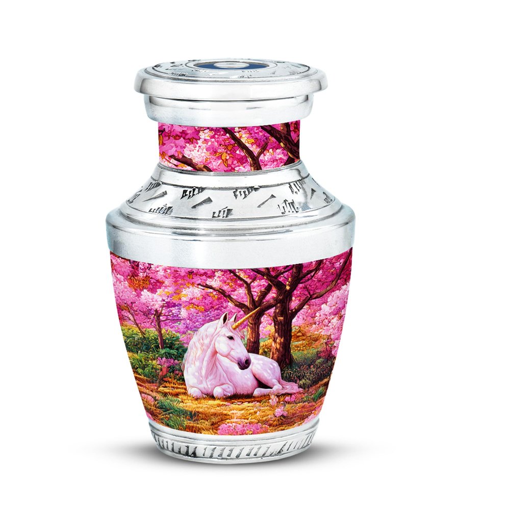 Casketique Unicorn Tiny Funeral Urn for Ashes for Women - Mini Pink Burial Urns for Adult Male - Keepsake Cherry Blossom Cremation Urn - Small Memorial Human Urns for Ashes Adult Female - 3 Inch