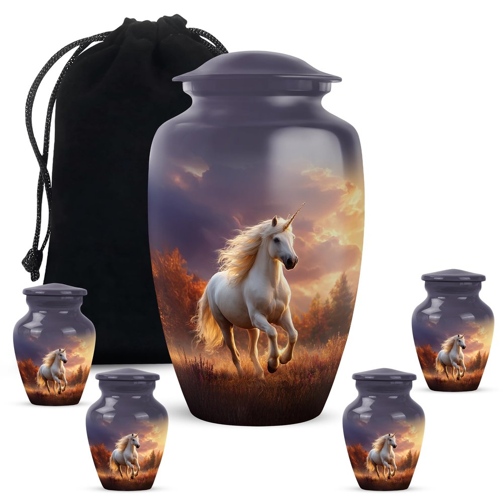Casketique Unicorn Urns for Adult Male 1 Large 4 Keepsake - Blue Cremation Urn - Sunset Memorial Urns for Human Ashes Adult Man - Funeral Urn for Human Ashes - 10 & 3 Inch
