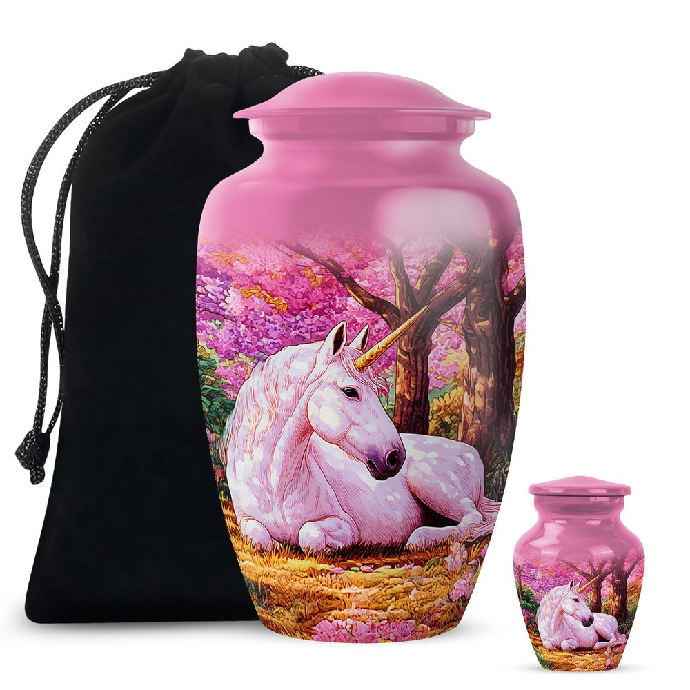 Casketique Unicorn Cremation Urn for Ashes for Women Set of 2 - Pink Funeral Urn for Human Ashes Adult Male Set of 1 Large & 1 Keepsake - Cherry Blossom Memorial Urns for Adult Male -10 & 3 Inch Combo