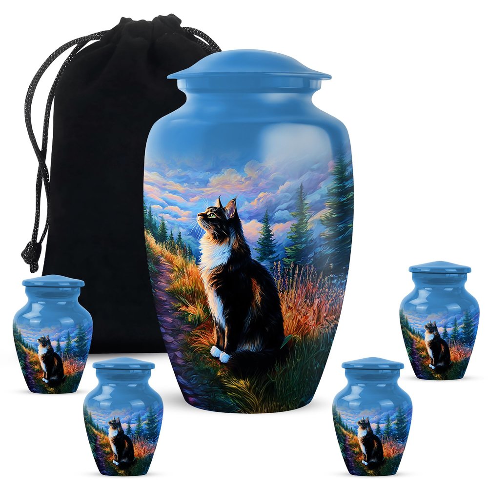 Casketique Cat Burial Urn for Ashes for Women - Blue Cremation Urns for Adult Male 1 Large 4 Keepsake - Wilderness Companion Burial Urn for Human Ashes - Funeral Urns for Adult Female - 10 & 3 Inch