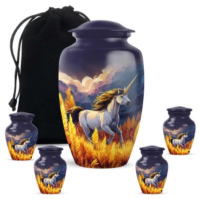 Casketique Unicorn Burial Urn for Ashes Adult Male - Blue Urns for Human Ashes Adult Female 1 Large 4 Keepsake - Yellow Cremation Urn - Funeral Gift - 10 & 3 Inch
