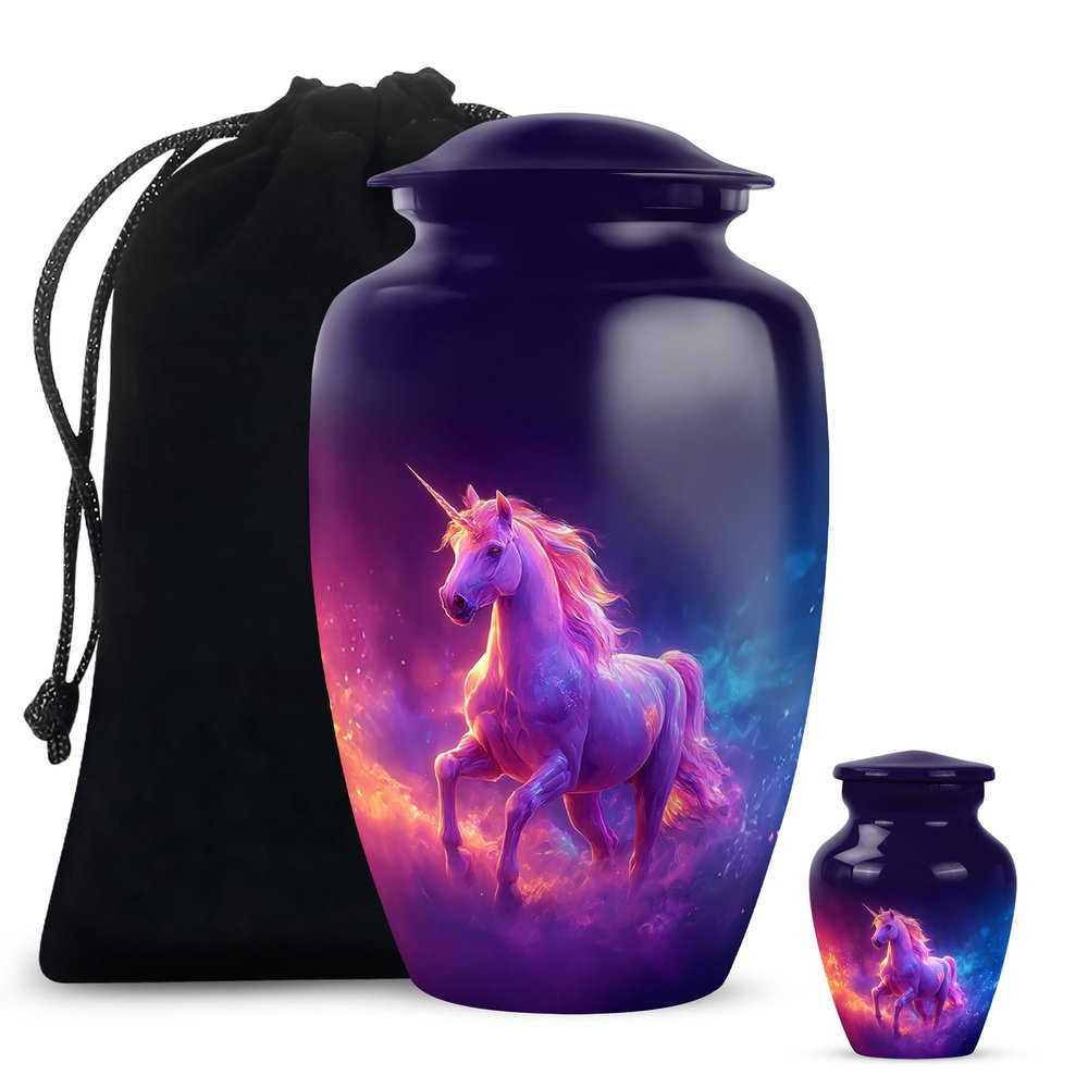 Casketique Unicorn Burial Urns for Human Ashes Adult Man Set of 1 Large & 1 Keepsake - Pink Memorial Cremation Urn for Ashes for Women Set of 2 - Blue Funeral Urn for Burial - 10 & 3 Inch Combo