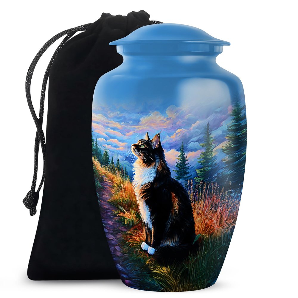 Casketique Cat Cremation Urns for Adult Male - Large Blue Funeral Urn for Ashes for Women - Wilderness Burial Urn for Loss of Mom - Memorial Urns for Human Ashes - 10 Inch