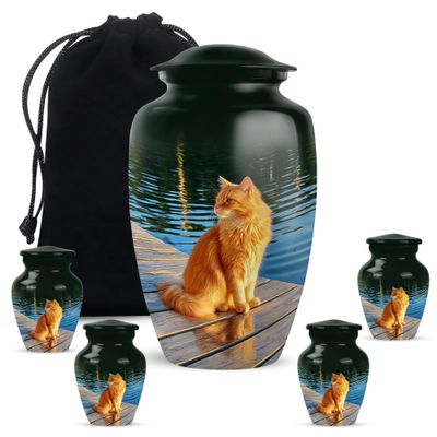 Casketique Cat Cremation Urns for Human Ashes - Blue Urns for Adult Male 1 Large 4 Keepsake - Black Funeral Urn for Ashes for Women - Decorative Memorial Gift - 10 & 3 Inch