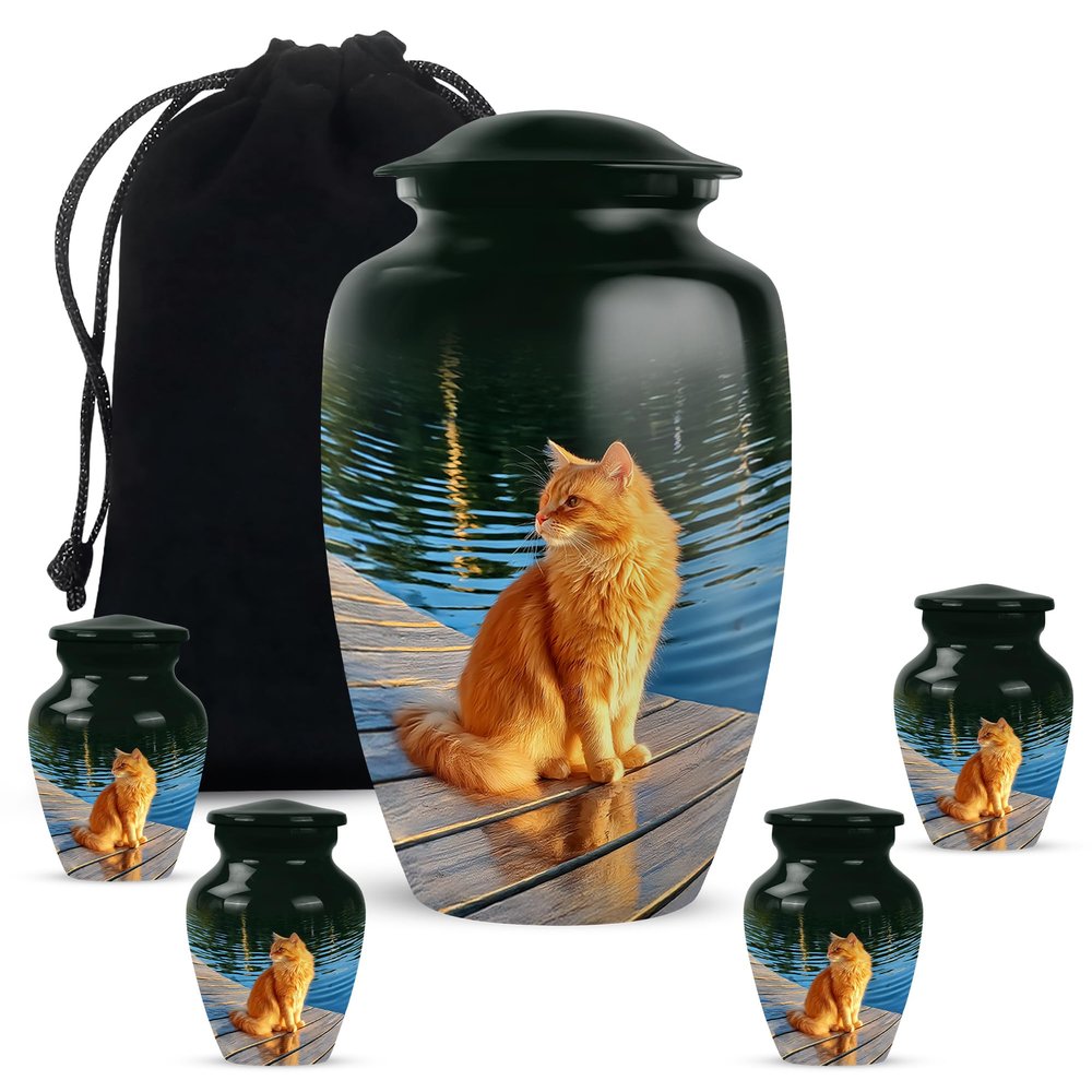 Casketique Cat Cremation Urns for Human Ashes - Blue Urns for Adult Male 1 Large 4 Keepsake - Black Funeral Urn for Ashes for Women - Decorative Memorial Gift - 10 & 3 Inch