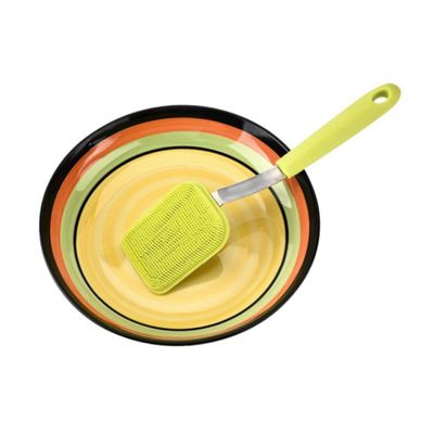 CALLARON Multi Function Silicone Bowl Brush with Long Handle Green Dish Scrubber for Kitchen Washing Easy to Hang Food Grade Silicone Non Stick Resistant