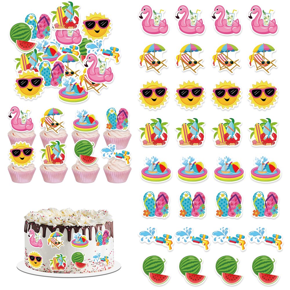 72Pcs Edible Summer Beach Pool Cupcake Toppers Wafer Paper Sun Flower Watermelon Water Gun Coconut Slippers Cupcake Picks Pool Party Birthday Tropical Luau Party Supplies
