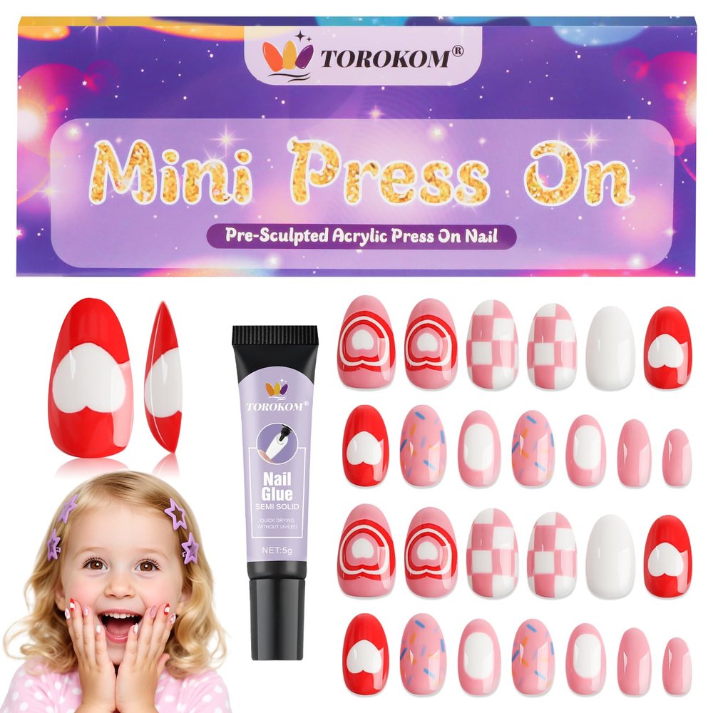 26PCS Press on Nails for Kids, TOROKOM Kid Fake Nail Set with Glue,Candy Heart Plaid Stick on Nails for Girls Gift Age 8 9 10 11 12