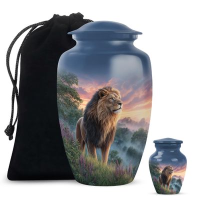 Casketique Lion Urn for Ashes Adult Male and Women 10 & 3 Inch, Blue Small Keepsake Urns for Human Ash, Large Wilderness Memorial Funeral Cremation Urns for Human Ashes, 1 Large 1 Keepsake Urn Combo