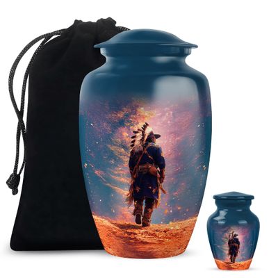 Casketique Native American Urn for Ashes Adult Male - Blue Funeral Urn for Ashes for Women - Memorial Urns for Human Ash Adult Man - Cremation Burial for Men & Women 1 Large & 1 Keepsake - 10 & 3 Inch