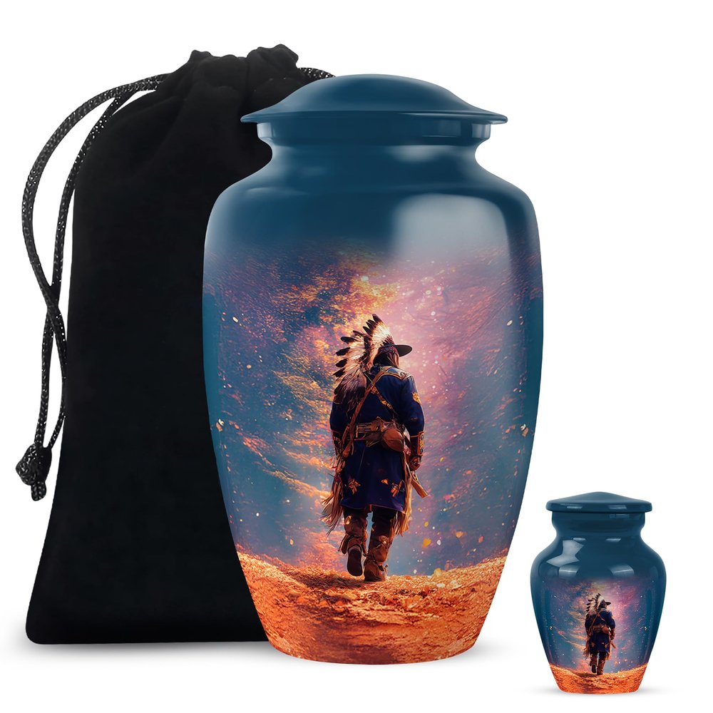 Casketique Native American Urn for Ashes Adult Male - Blue Funeral Urn for Ashes for Women - Memorial Urns for Human Ash Adult Man - Cremation Burial for Men & Women 1 Large & 1 Keepsake - 10 & 3 Inch