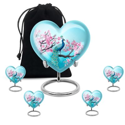 Remembrate Peacock Human Urns for Ashes Adult Female - Pink Flowers Urns for Ashes for Mom and Dad 8 Inch, 4 Keepsake Combo - Blue Adult Human Urn for Mother and Father Remains