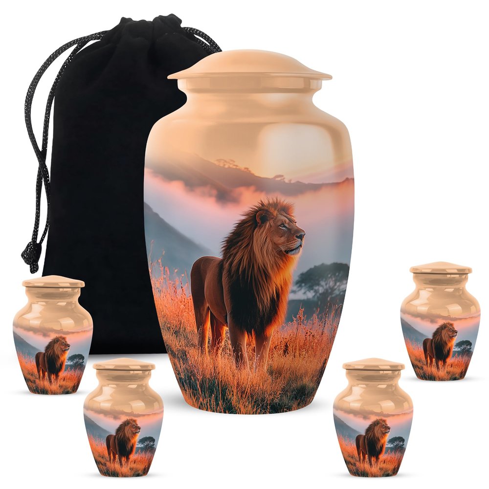 Casketique Lion Urns for Human Ashes Adult Female - Brown Funeral Urn for Ashes for Women - Memorial Urn for Mom and Dad Keepsake - 1 Large 4 Small Memorial Urns for Adult Men - 10 & 3 Inch