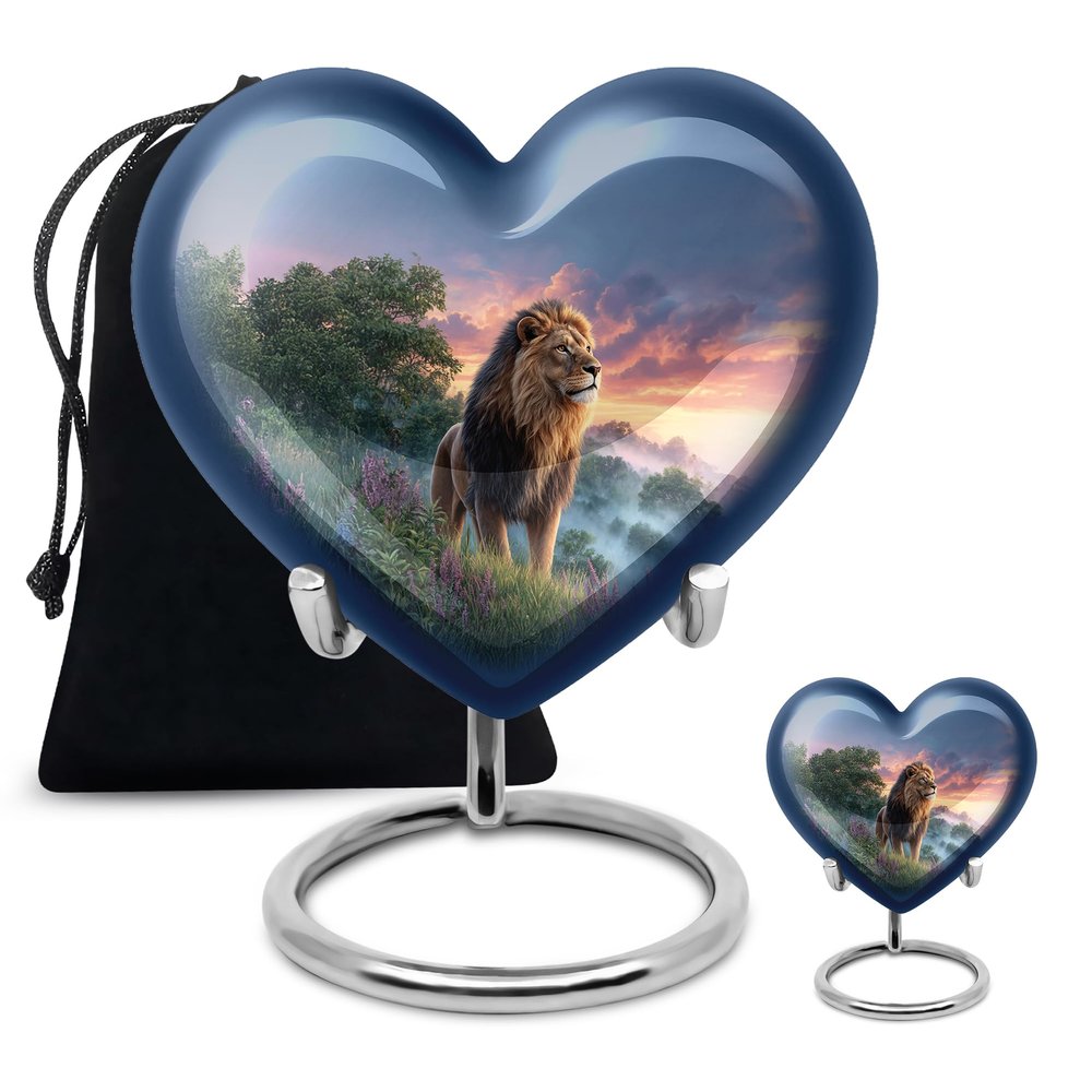 Casketique Lion Cremation Urns for Adult Male Set of 2 - Blue Burial Urn for Ashes for Women Set of 1 Large & 1 Keepsake - Blue Funeral Container of Memorial Ashes - 8 & 3 Inch Combo