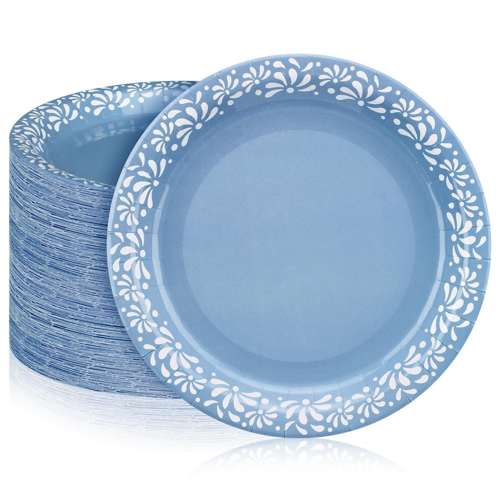 Yungyan 100 Pcs 9 Inch Blue Cielito Lindo Party Decoration Cielito Lindo Paper Plates Platos De Barro Mexican Plates for Baby Shower Talavera Wedding