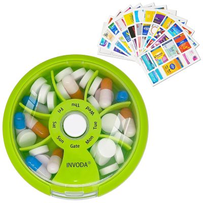 INVODA Weekly Pill Organizer with 77 Pre-Cut Medication Labels 7 Compartment Rotating Medicine Box Daily Pill Case for Vitamins, Fish Oil & Prescriptions BPA-Free Plastic Compact Travel Size