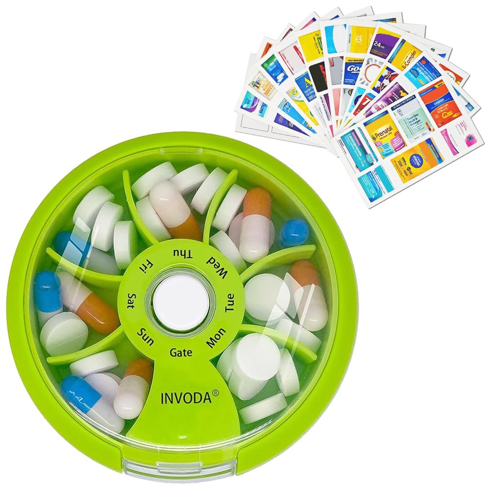 INVODA Weekly Pill Organizer with 77 Pre-Cut Medication Labels 7 Compartment Rotating Medicine Box Daily Pill Case for Vitamins, Fish Oil & Prescriptions BPA-Free Plastic Compact Travel Size