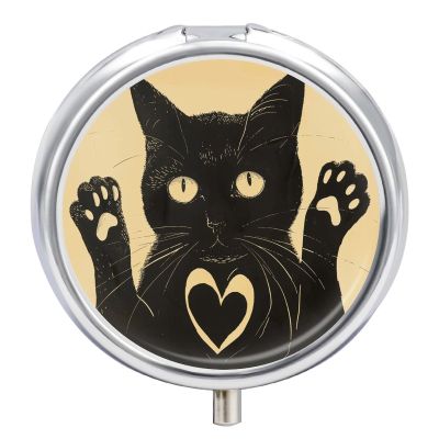 Black Cat Pill Box 3 Compartment Travel Pill Organizer 3 Times A Day Cute Mini Pill Case for Purse & Pocket Portable Metal Medicine Box with Mirror Round Daily Medicine Vitamin Container