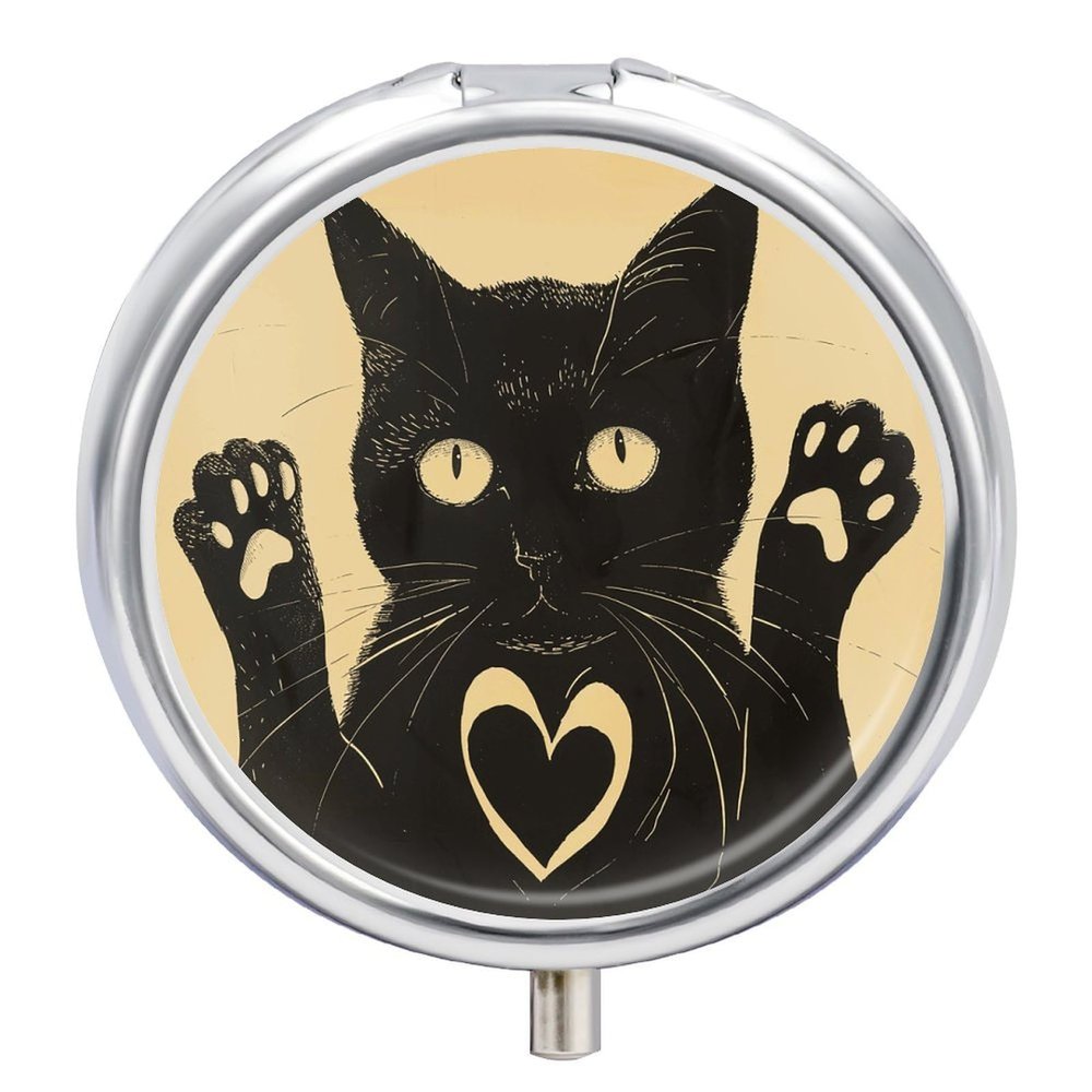 Black Cat Pill Box 3 Compartment Travel Pill Organizer 3 Times A Day Cute Mini Pill Case for Purse & Pocket Portable Metal Medicine Box with Mirror Round Daily Medicine Vitamin Container