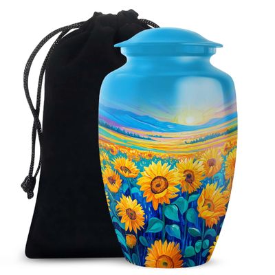 JAGLASH Sunflower Handmade Urn for Adult Ashes Male & Female, Blue Memorial Burial Urns for Human Ashes Mother & Father, Large Urn for Loved Ones Cremation, 10 Inch