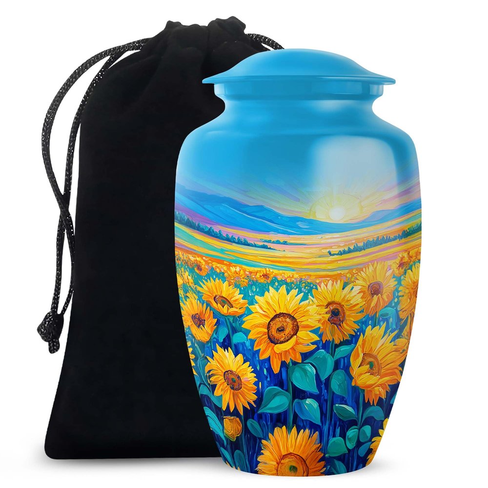 JAGLASH Sunflower Handmade Urn for Adult Ashes Male & Female, Blue Memorial Burial Urns for Human Ashes Mother & Father, Large Urn for Loved Ones Cremation, 10 Inch