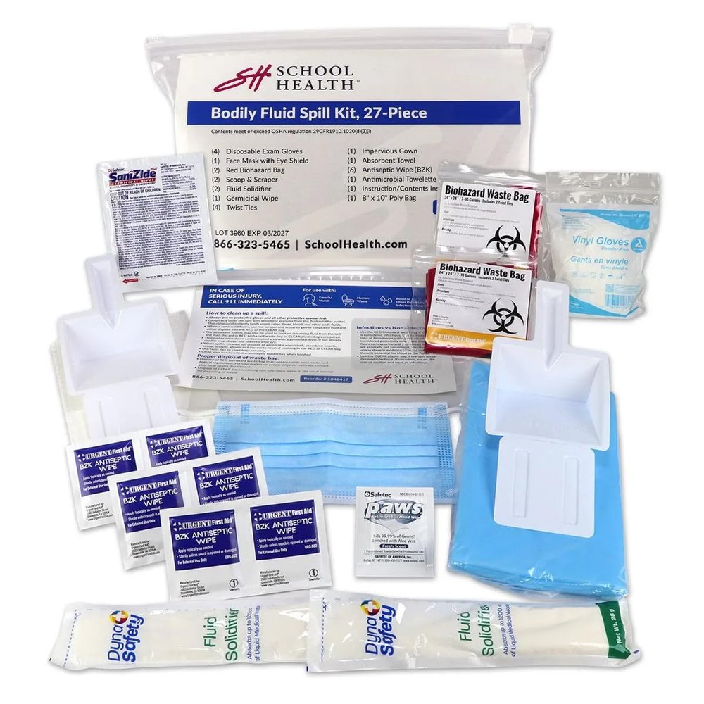 School Health 27Piece Bodily Fluid Spill Clean Up Kit Bloodborne Pathogen Protection with PPE, Biohazard Bags & Wipes OSHA Compliant Response Kit for Schools, Clinics & Infectious Materials