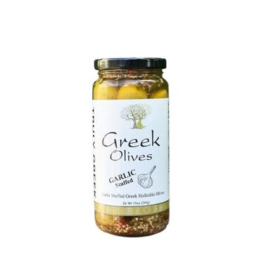 TRULY GREEK Garlic-Stuffed Halkidiki Olives - Gourmet Greek Green Olives with Fresh Whole Garlic - Hand-Stuffed & Brined - Great for Cocktails, Charcuterie & Snacking - 10 oz Jar