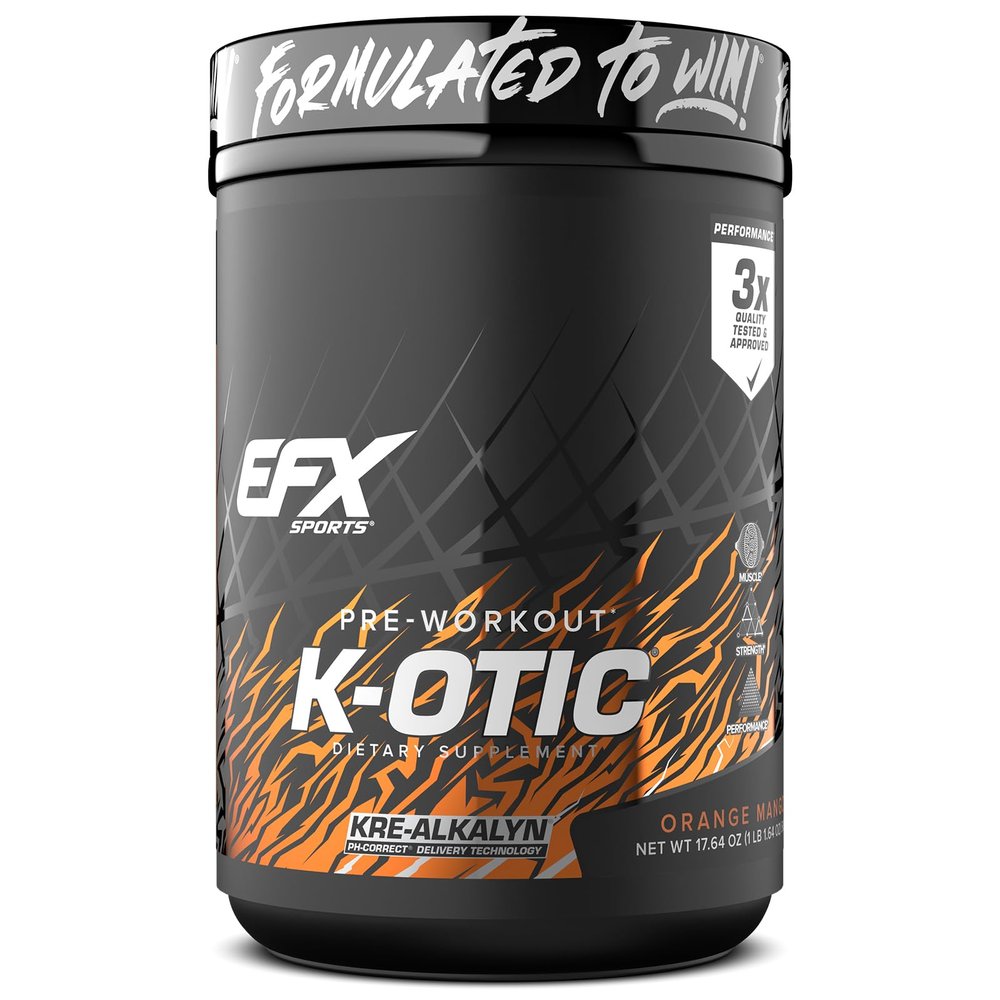 EFX Sports K-OTIC Pre Workout | with Kre-Alkalyn Creatine & Hydromax Glycerol | 300mg Caffeine + Full-Spectrum Amplifiers | 20 Servings (Orange Mango)