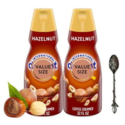Hazelnut Liquid Coffee Creamer.- Two (2) 32 fl oz Bottles of Creamy Smooth Delightful Coffee Creamer and Candy Freezer Gem Spoon (Hazelnut) - Gem Spoon