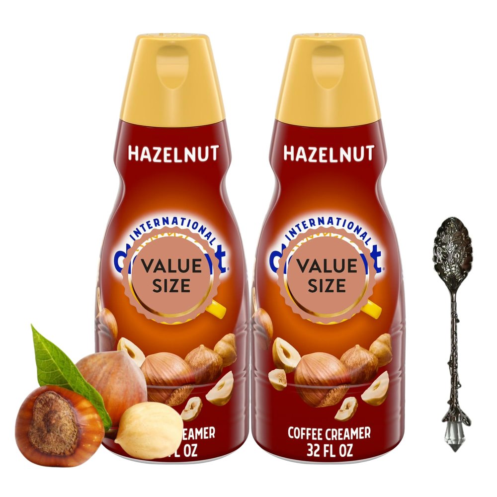 Hazelnut Liquid Coffee Creamer.- Two (2) 32 fl oz Bottles of Creamy Smooth Delightful Coffee Creamer and Candy Freezer Gem Spoon (Hazelnut) - Gem Spoon