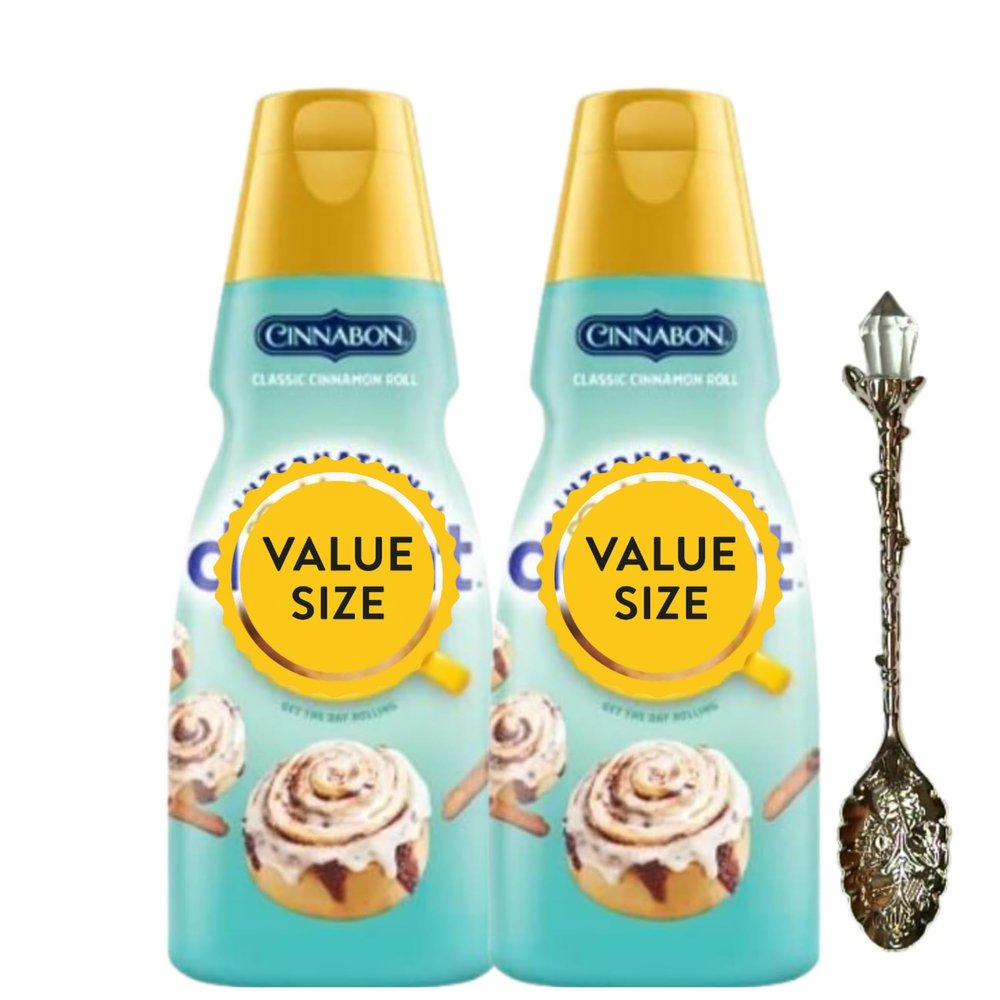 Cinnabon Classic Cinnamon Roll Liquid Coffee Creamer.- Two (2) 32 fl oz Bottles of Creamy Smooth Delightful Coffee Creamer and Candy Freezer Gem Spoon (Cinnabon Classic Cinnamon Roll) Gem Spoon
