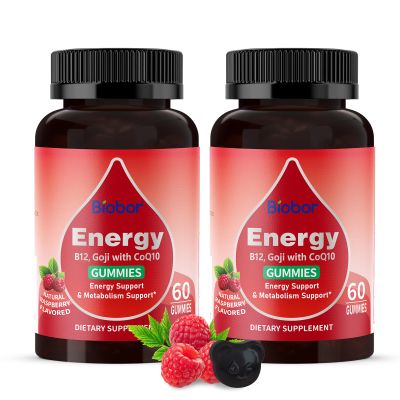 Biobor Natural Energy Gummies with Vitamin B12, Goji, CoQ10, Energy Support & Metabolism Support Chewable Supplement,GMO Free, Gluten Free(Raspberry, 120 Count)