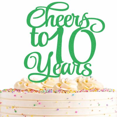 AHAORAY Cheers to 10 Years Cake Topper - Green Glitter Children's 10th Birthday Cake Decorating Supplies - Blessed 10 Years Wedding, Anniversary Party Decorations, Photo Booth Props