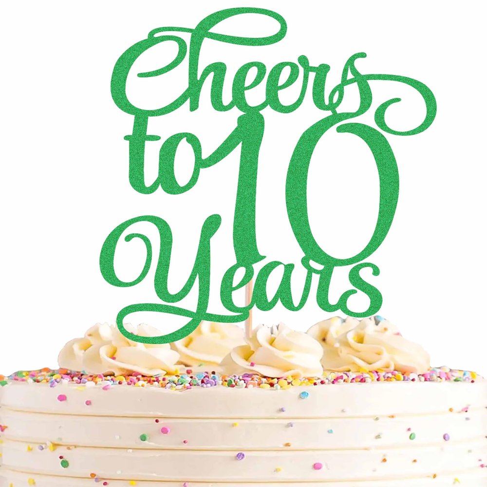 AHAORAY Cheers to 10 Years Cake Topper - Green Glitter Children's 10th Birthday Cake Decorating Supplies - Blessed 10 Years Wedding, Anniversary Party Decorations, Photo Booth Props