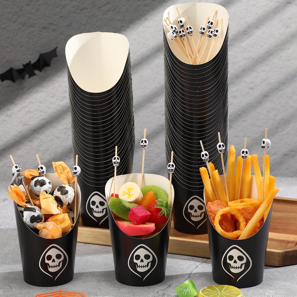 Chengu 260 Pcs Halloween Charcuterie Cups with Picks Sets 60 Pcs 14 oz French paper Appetizer Cups 200 Cocktail Pick Disposable Snack Fruit Stick for Halloween party Decor Supplies(Skull Style)