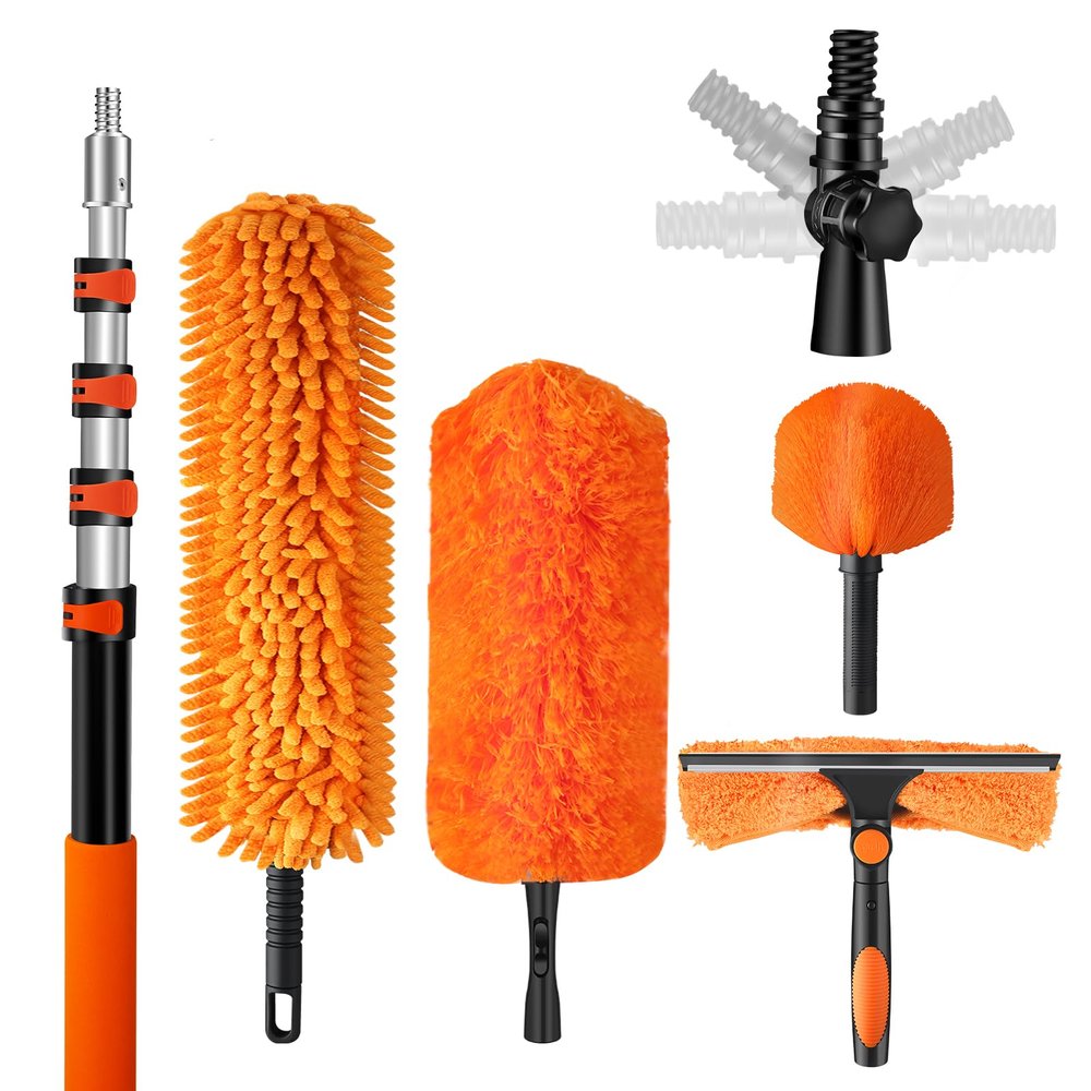 20ft High Reach Duster Kit with Extendable Pole (5-12ft),High Ceiling Duster Kit IncludesCeiling Fan Blade Cleaner, Cobweb Remover, Bendable Duster, Microfiber Glass Scrubber & Squeegee & Swivel Head