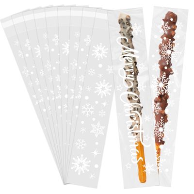 CCINEE 120pcs Christmas Pretzel Rod Bags, Self Sealing Cellophane Treat Bags Plastic Clear Snowflake Candy Individual Bag Bulk for Chocolate Cookies Holiday Party Favors Wrapping 2x10 Inches