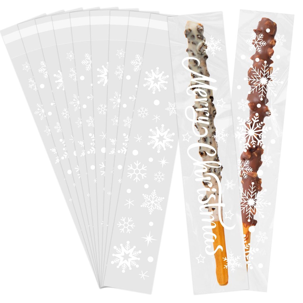 CCINEE 120pcs Christmas Pretzel Rod Bags, Self Sealing Cellophane Treat Bags Plastic Clear Snowflake Candy Individual Bag Bulk for Chocolate Cookies Holiday Party Favors Wrapping 2x10 Inches