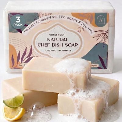 AURA NEST Natural Dish Soap Bar, Cleaning Dishes Solid Block for Kitchen - Organic Biodegradable Dishwashing, only 5 Ingredients, Gentle on Hands - Citrus Scent (3 Pack, 19oz)