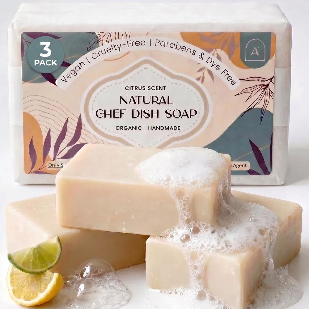 AURA NEST Natural Dish Soap Bar, Cleaning Dishes Solid Block for Kitchen - Organic Biodegradable Dishwashing, only 5 Ingredients, Gentle on Hands - Citrus Scent (3 Pack, 19oz)