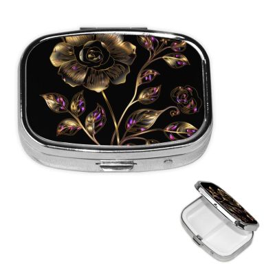 Square Pill Case for Purse or Pocket 2 Compartment Medicine Pill Box Portable Small Pill Organizer Black and Gold Flowers Pillbox Travel Medicine Vitamin Cod Liver Oil Storage Box