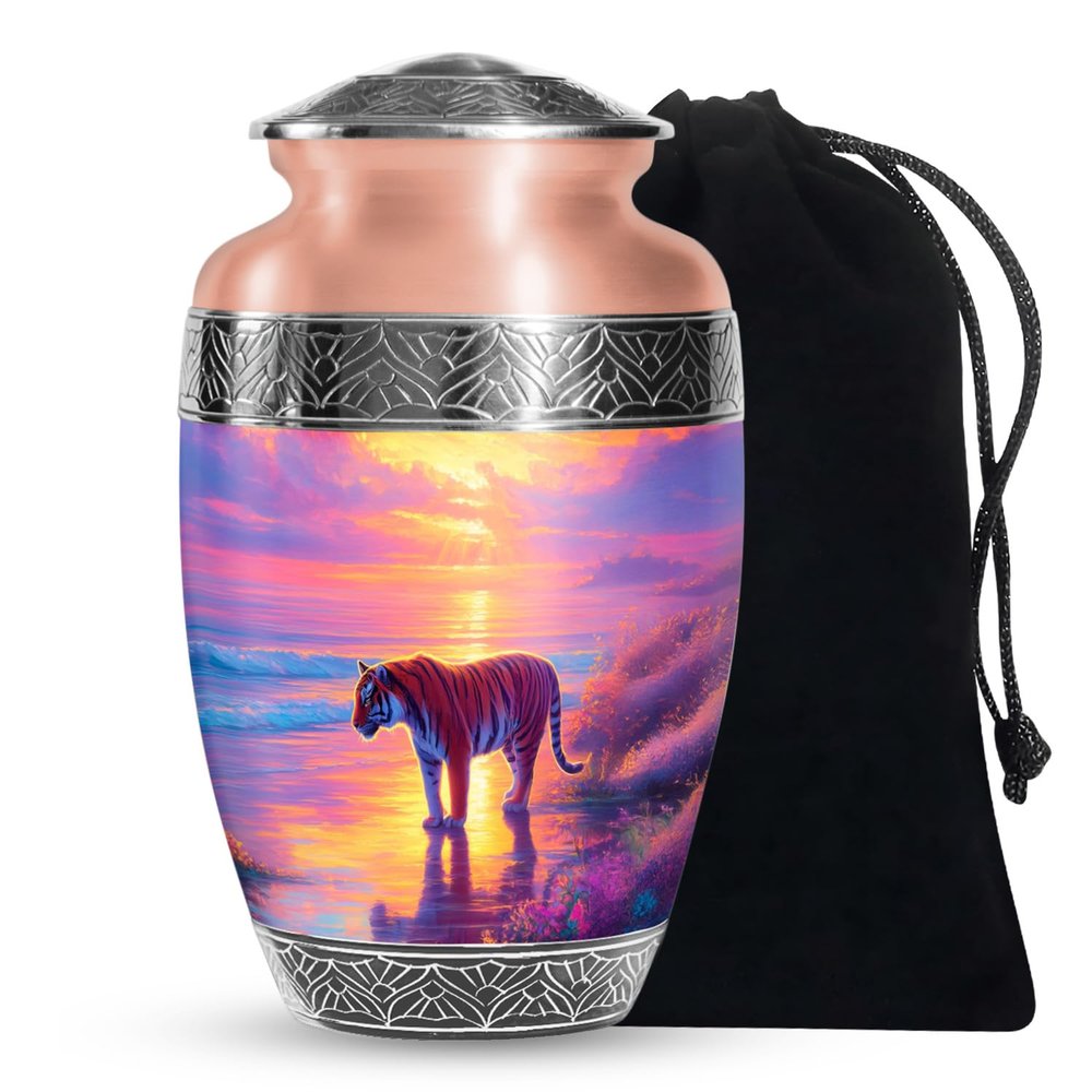 Casketique Tiger Memorial Urns for Human Ashes Adult Man - Large Purple Funeral Urn for Ashes for Women - Sunset Urns for Loss of Mom - Cremation Urn for Adult Human - 10 Inch