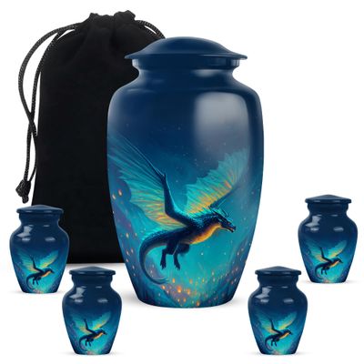 Casketique Dragon Cremation Urn for Human Ashes Adult Male - Green Burial Urn for Ashes for Women 1 Large 4 Keepsake - Blue Memorial Urns for Mom - Funeral Urns for Adult Male - 10 & 3 Inch