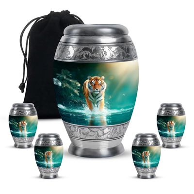 Casketique Tiger Memorial Funeral Urns for Human Ashes Adult Man 1 Large 4 Keepsake - Green Cremation Urn - Burial Container for Human Ashes - 10 & 3 Inch