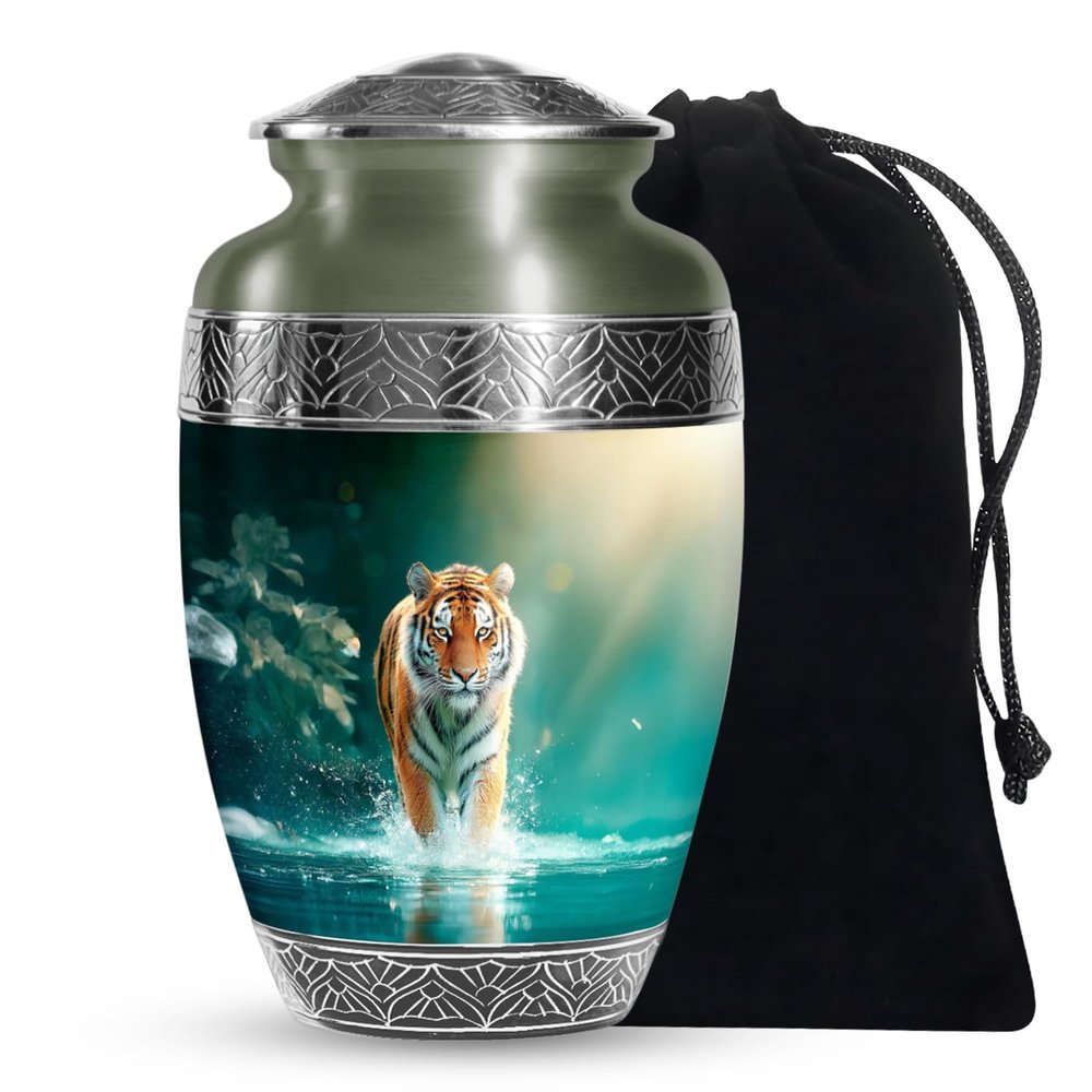 Casketique Tiger Funeral Urns for Human Ashes Adult Man - Large Green Memorial Urns for Human Ashes Adult Female - Decorative Burial Urn for Father - Landscape Cremation Urn for Mom - 10 Inch