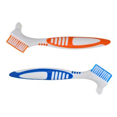 Denture Cleaning Brushes 2-Pack with Dual-Angle Heads - Soft Nylon Bristles & Ergonomic Grip, Travel Brush Kit for Seniors (Orange/Blue) | Denture Care Essentials, Heartwarming Gift for Elderly
