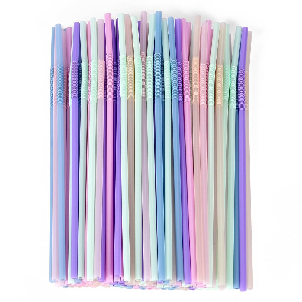 [100 Pcs] Disposable Plastic Drinking Bendy Straws - 10.24" Long and 0.24" Diameter Colorful Cute Flexible Long Straws for Juice,Coffee,Milk,Cocktail, Bachelorette/Birthday Party, Bridal/Baby Shower