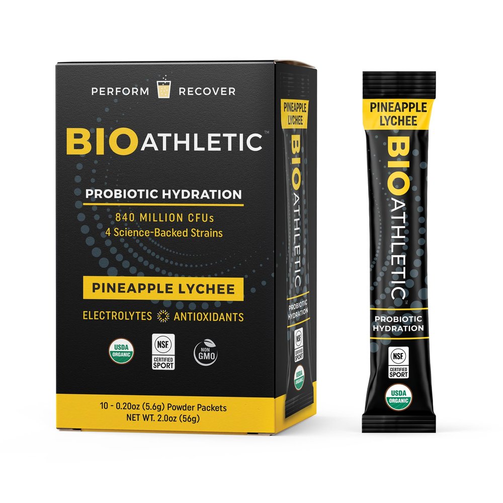 BioAthletic Probiotic + Electrolyte Hydration Drink Mix, with Vitamins D & B12, USDA Organic, NSF Certified for Sport, Subtle Pineapple Lychee Flavor, Naturally Light Taste, 10 Sticks
