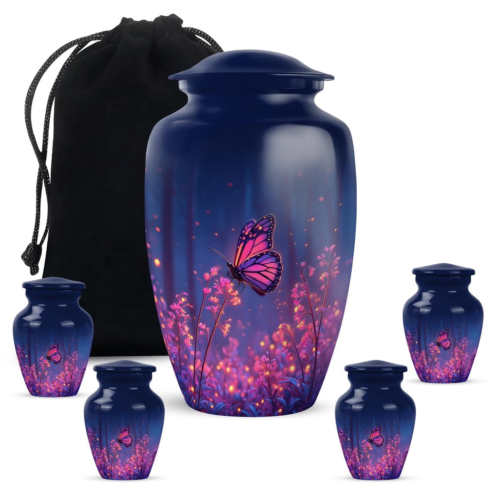 Butterfly Keepsake Urns for Ashes Adult Man Set of 4 - Pink Flowers Cremation Urns for Human Ashes Adult Female - 1 Large Urn for Brother and Sister - Blue Mini Urn for Mother (10&3) Inch