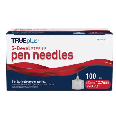 TRUEplus 5-Bevel Sterile Pen Needles, 29G x 12.7mm (1/2 Inch), 100 Count